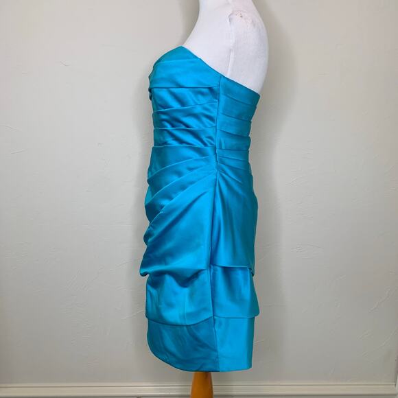 David's Bridal Turquoise Blue Satin Cocktail Dress Ruched Sz 8 - Picture 3 of 9